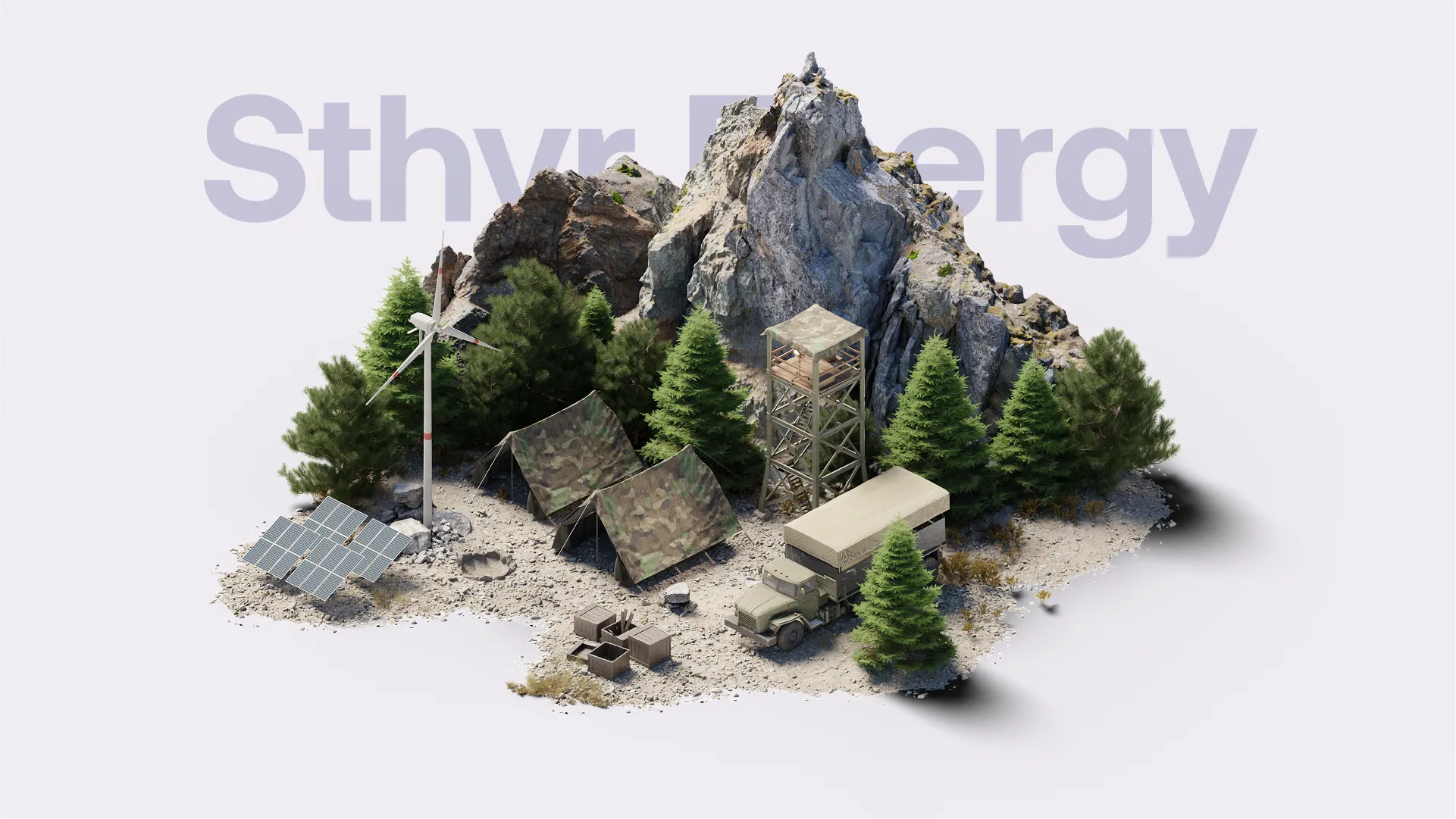 Tactical off-grid energy setup by Sthyr Energy featuring tents, a military truck, wind turbine, solar panels, and a zinc-powered solution in a forested mountain camp